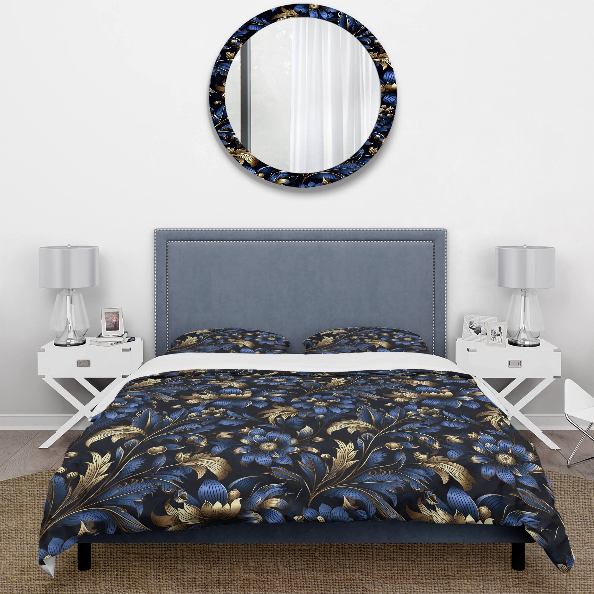 Designart "Gold And Blue Luxury Damask Serenade II" Damask Bedding Cover Set With 2 Shams Bed